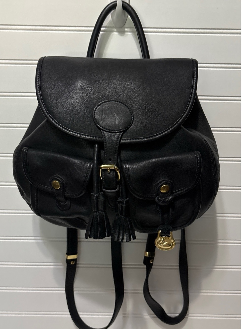 Dooney & Bourke Vintage Canyon Black Leather Drawstring Saddle Bag Tote Backpack